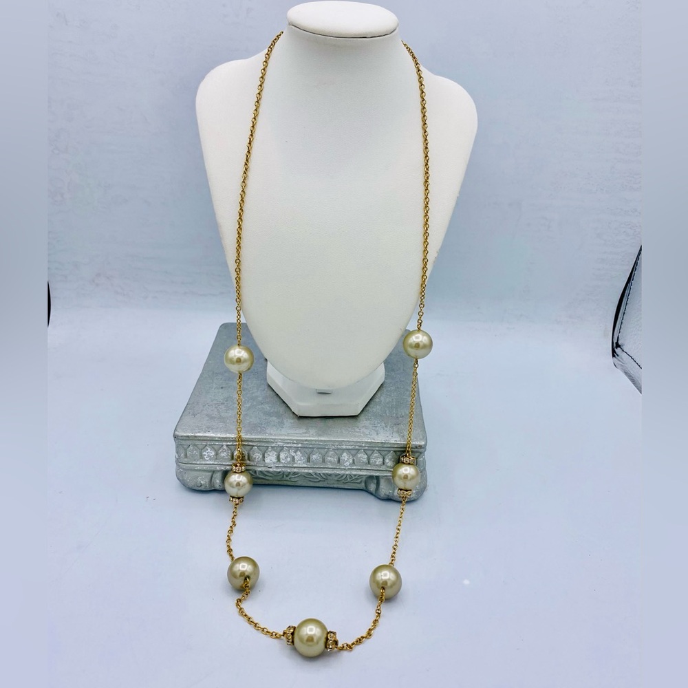 J Crew Gold Tone Chain Necklace With Stationed Faux Pearls & Rhinestone Accents